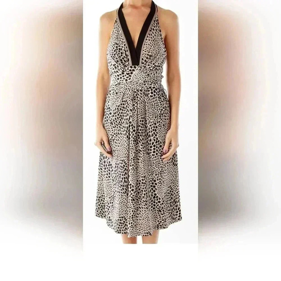 BCBGMAXAZRIA Womens Black Tan Cream Flowy Halter Dress Floral Print Wrap Waist M - Picture 1 of 9
